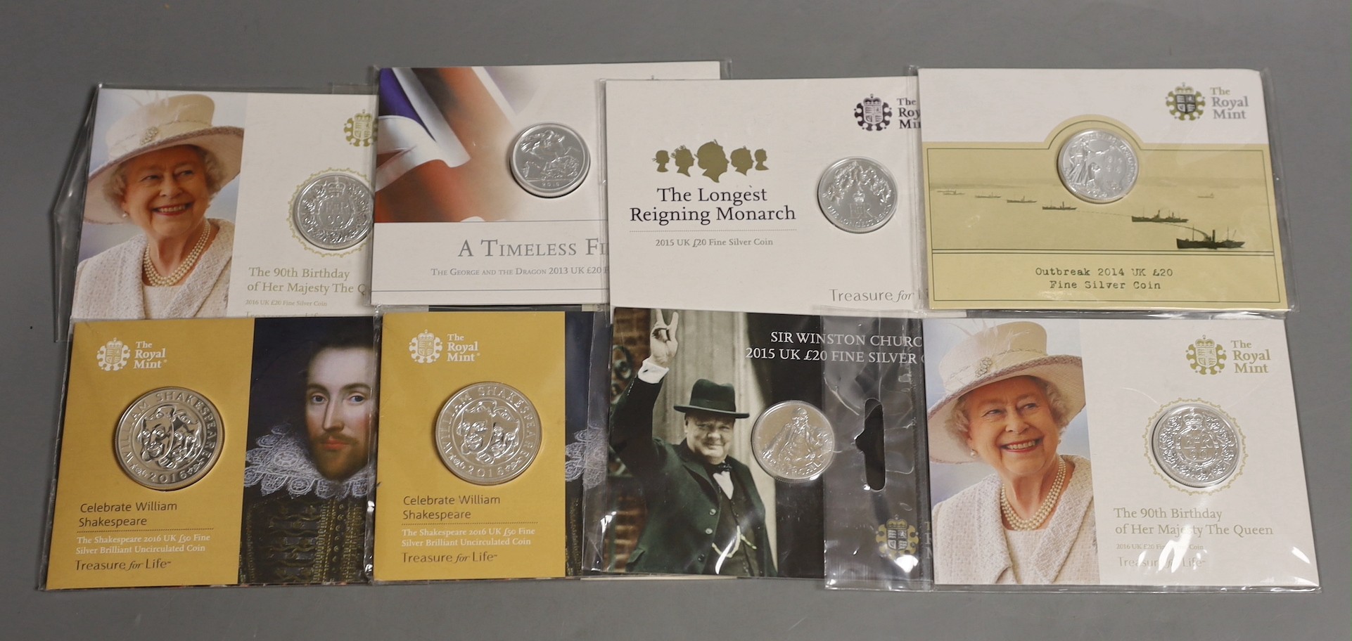 UK Royal Mint commemorative silver coins – two 2016 £50 coins and six £20 coins comprising 2013, 2014, 2 x 2015, 2 x 2016 (8)